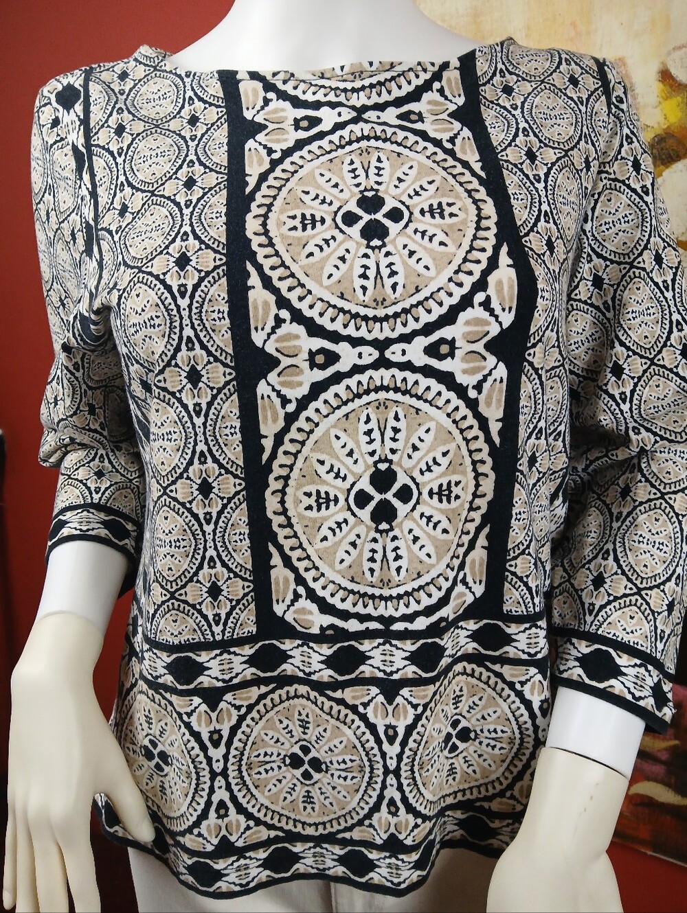 Women's Black and Cream Printed Boatneck Top